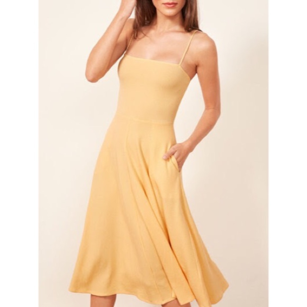 Light yellow midi Reformation dress with pockets